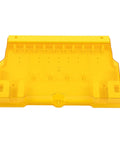 Empty yellow lockout tagout station made of engineering plastic, 22 by 15 inches, for holding safety locks and accessories.