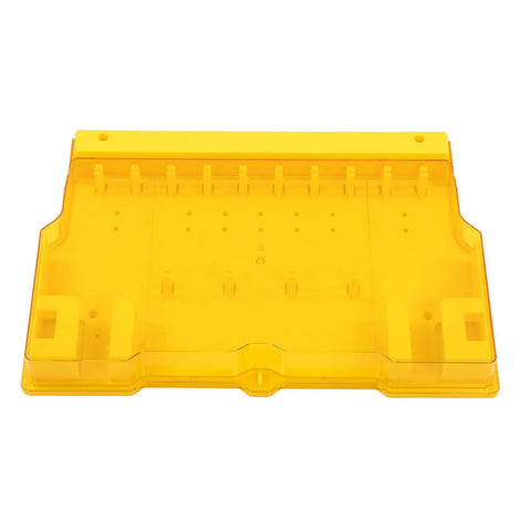 Empty yellow lockout tagout station made of engineering plastic, 22 by 15 inches, for holding safety locks and accessories.