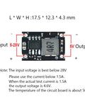 Ultra Compact 5V Buck Converter Board From 5-28V Input To 5V Output Up To 1.8A, showing input output terminals and dimensions