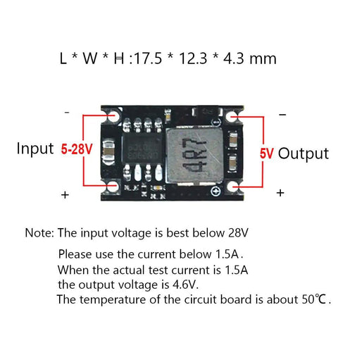 Ultra Compact 5V Buck Converter Board From 5-28V Input To 5V Output Up To 1.8A, showing input output terminals and dimensions