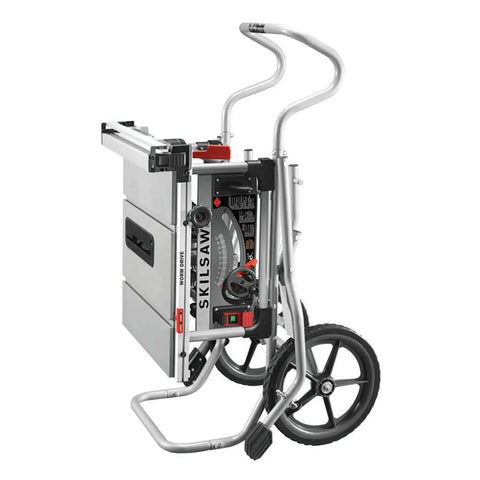 Tough Workhorse 10 Inch Worm Drive Table Saw With Rolling Stand and Precision Fence, compact and portable design for garage shops.