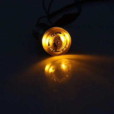 Five Pack Yellow Indicator Light With Buzzer AC And DC 24V, 22mm panel mount, glowing light with reflection in dark setting.