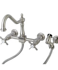 Super Stylish Victorian Inspired Wall Mount Bridge Kitchen Faucet With Solid Brass Build And Handy Brass Side Sprayer in Brushed Nickel