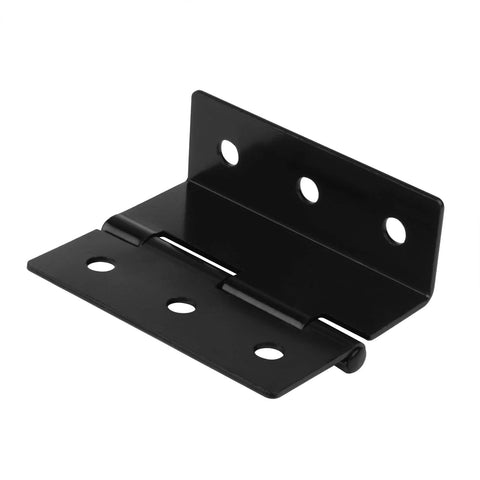 Angled side view of black metal offset half-surface chest hinge with multiple mounting holes