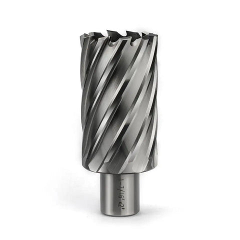 Heavy Duty High Speed Steel Annular Cutter With Weldon Shank Precision Hole Saw For Magnetic Drills And Mill Tools 3/4 Shank close-up of cutter's spiral design.