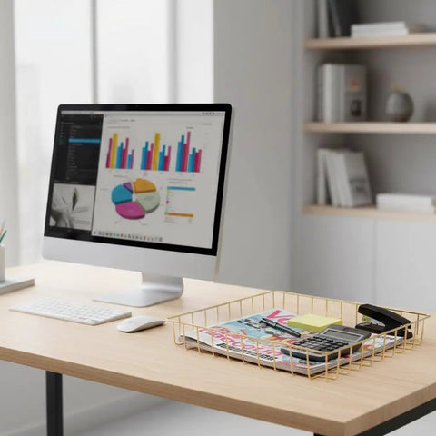 Gold Desk Paper Organizer Tray with Big Capacity for letters, mail, files on office desk next to computer monitor