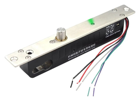 Heavy Duty Fail Secure Electric Drop Bolt Lock With Manual Key Cylinder For 12V And 24V Doors featuring a stainless steel bolt and colorful wiring.