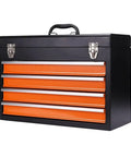 Portable Steel Tool Box Organizer in Orange and Black with Two Drawers, Removable Inner Tray, Ball Bearing Drawer Slides, Compact 44.9 x 19.6 x 5.4 cm