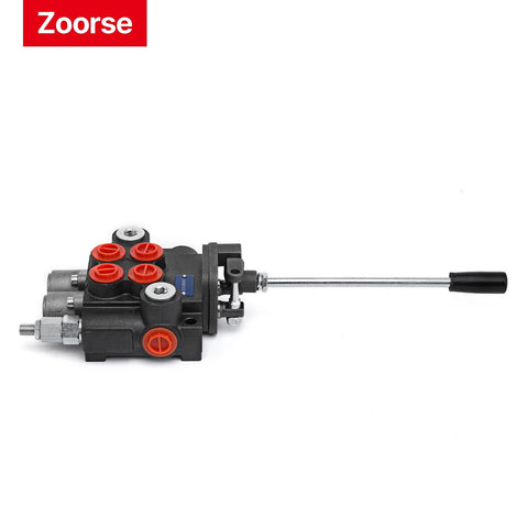 Two-spool hydraulic joystick control valve with lever, black steel body and red ports for tractors/loaders