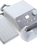 Pro Level Angled Brushless Electric Rotary Buffer For Polishing Carving Engraving Glass Ceramic Silicone And Stone Jewelry Crafting With Bulletproof Grey Grip And Hella Smooth Operation For Your Daily Workshop Or Home Jobs, featuring a grey motor unit and foot pedal.