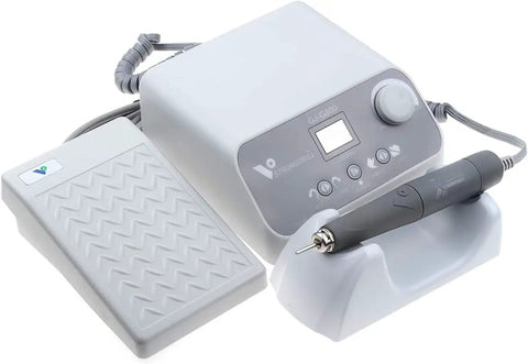 Pro Level Angled Brushless Electric Rotary Buffer For Polishing Carving Engraving Glass Ceramic Silicone And Stone Jewelry Crafting With Bulletproof Grey Grip And Hella Smooth Operation For Your Daily Workshop Or Home Jobs, featuring a grey motor unit and foot pedal.