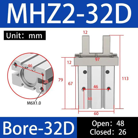 Diagram showing dimensions of Beefed-Up Heavy Duty Pneumatic Parallel Gripper Claw With Magnetic Jaw, 1-1/4 Inch Bore 32mm Mini Air Cylinder