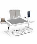 Portable Lap Desk And Workstation With Adjustable Height And Tilt, PVC Leather Finish, Non Slip Desktop Stopper, White, shown with accessories.