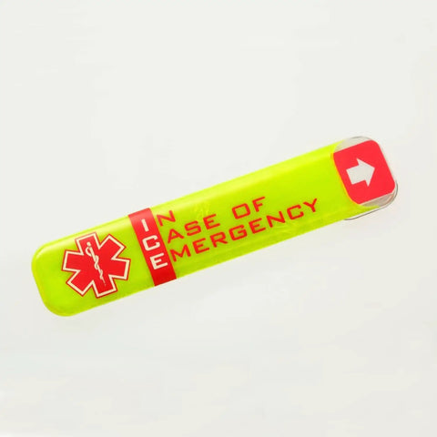 Emergency Worker Hard Hat Reflective ID Sticker Set 0.5 X 2.75 Inches Fluorescent Lime Yellow And Red vinyl with ICE text