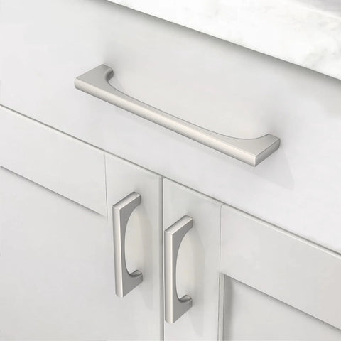 Installed 5 inch brushed satin nickel cabinet pulls on white drawers, part of 10 Pack 5 Inch Brushed Satin Nickel Cabinet Pulls For Cupboards And Drawers