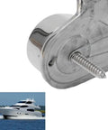 Close-up of a stainless steel cam cleat for boats fit 3 to 15 mm lines, universal marine hardware. Included is an image of a yacht in motion.