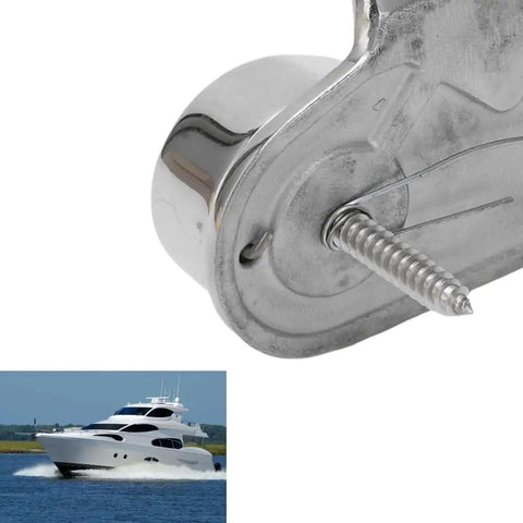 Close-up of a stainless steel cam cleat for boats fit 3 to 15 mm lines, universal marine hardware. Included is an image of a yacht in motion.