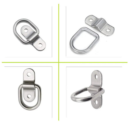 Top Shelf 304 Stainless Steel D Ring Tie Down Anchor Quarter Inch Heavy Duty Truck Haul Gear showing four D ring anchors.