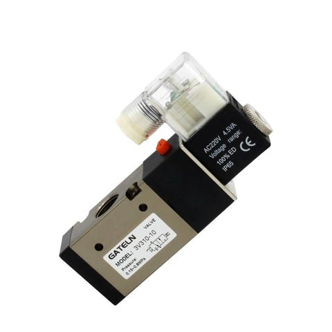 Top Notch 12 Volt DC Solenoid Valve With 10mm Fittings For Pneumatic Directional Control Systems side view with electrical connector.