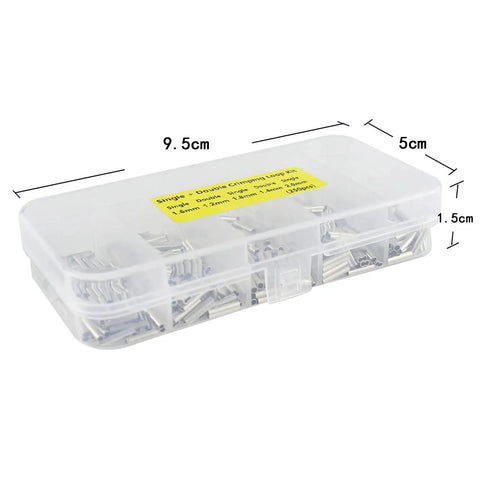 Pro Grade 250Pcs Wire Rope Crimp Sleeve Kit With Single And Double Barrel Copper Ferrules, clear plastic box with dimensions