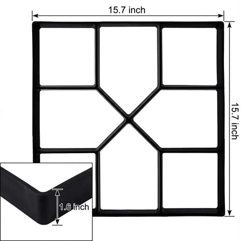 DIY Garden Path Stepping Stone Molds 2 Pack Reusable Concrete Paver Molds showing dimensions and corner detail inset.
