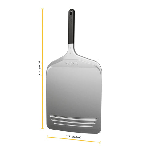 Pizza peel, Ooni 12-inch aluminum with black handle; compact, lightweight oven accessory.