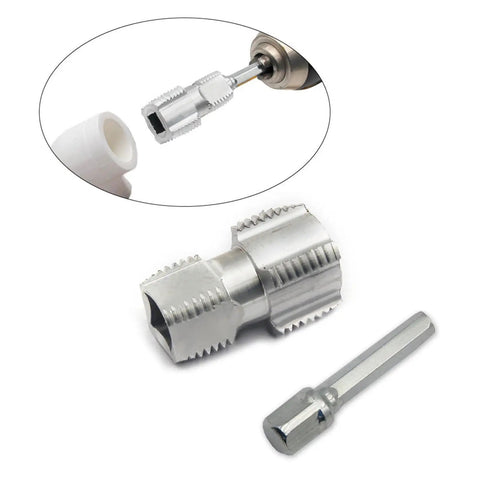 Heavy Duty Pvc Pipe Threader Set With 1/2 And 3/4 Inch Dies For Smooth Plumbing Repairs Electric drill adapter and threading die.