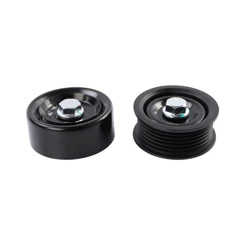Heavy Duty Belt Tensioner And Idler Pulley Plus V Ribbed Accessory Drive Belt Kit For 2010 To 2016 Hyundai Santa Fe Sonata Tucson Kia Optima Sorento L4 Engine Direct Bolt On Fit No Modding Needed, two black pulleys