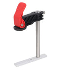 Two Pack Heavy Duty Stainless Steel Hold Down Clamps Featuring Slick Quick Release For Tough As Nails Woodworking Grip Zero Slip Safety And Smooth Operation On Any Workbench Table, showing a single clamp with red lever.