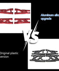 Comparison of red anodized Beefed Up Aluminum Front And Rear Suspension Arms Set for 1/10 RC Trucks vs original plastic version.