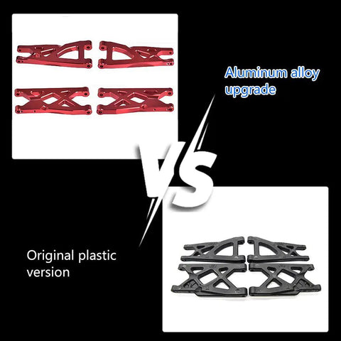 Comparison of red anodized Beefed Up Aluminum Front And Rear Suspension Arms Set for 1/10 RC Trucks vs original plastic version.