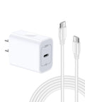 20W USB C Fast Charger Block With PD 3.0 For iPhone And iPad, 6Ft USB C Cable Included, compact white block and dual USB-C cable