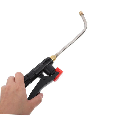 Hand holding an Extended Curved Sprayer Wand For Garden And Farm Use With Tough Stainless Steel Handle Compatible With Backpack Sprayers