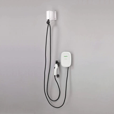 Universal Electric Charger Cable Retractor With Wall Mounted Cable Management System provides tidy organization of EV charging cables on wall.