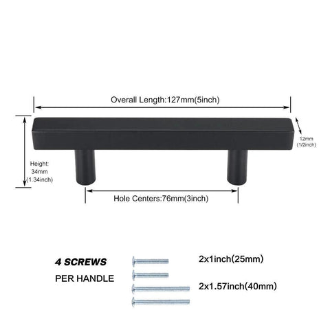 Diagram of a 25 Pack 3 Inch Black Cabinet Pulls Stainless Steel Drawer Handles With Mounting Screws, showing measurements and screws.