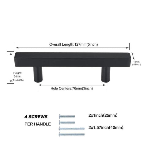 3 Inch Black Cabinet Hardware Set 20 Pack Square Pulls And Knobs With Mounting Screws Hollow Yet Solid After Install Easy To Install Drawer Pulls For Kitchen Cabinets And Furniture Renovation, showing dimensions and included screws