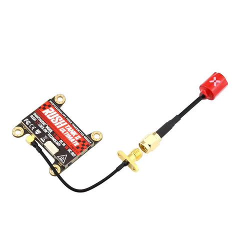 Beefy Rush Tank III 5.8G FPV Video Transmitter 30x30mm with Foxeer Antenna for FPV Racing Drones, red antenna, brass connector.