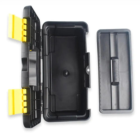 Open Portable 10 Inch Plastic Toolbox With Dual Layer Organization For Electricians, Carpenters And DIY Projects, Black