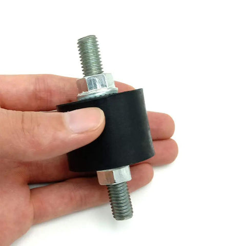 Close-up of Beefy Heavy Duty Rubber Vibration Isolator Mount with M10 double stud and non-slip nuts for air compressors and motors.