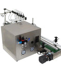No Fuss High Performance Desktop Automatic Liquid Filling Machine With Pneumatic Conveyor And Four Head Magnetic Pump Adjustable 10 1000 ML Capacity showing the stainless steel unit and conveyor system.