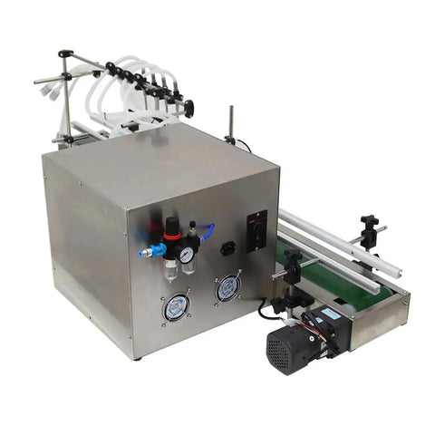 No Fuss High Performance Desktop Automatic Liquid Filling Machine With Pneumatic Conveyor And Four Head Magnetic Pump Adjustable 10 1000 ML Capacity showing the stainless steel unit and conveyor system.