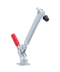 Tough As Nails Quick Release Toggle Fixture For Vertical Woodworking And Welding Projects Polished Iron Hold Down Clamp with red handle.