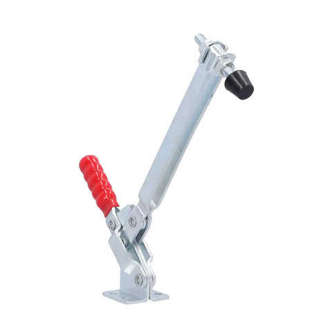 Tough As Nails Quick Release Toggle Fixture For Vertical Woodworking And Welding Projects Polished Iron Hold Down Clamp with red handle.
