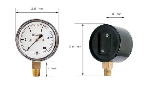 Low Pressure Capsule Gauge 0 to 10 PSI, Two And A Half Inch Dial, Quarter Inch NPT Bottom Mount, zero adjustment, front and side view
