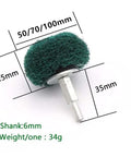 Heavy Duty Green Buffing Wheel 100 Mm Wide With Sturdy 6 Mm Shank For Rotary Grinders And Dremel Kits displayed with dimensions.