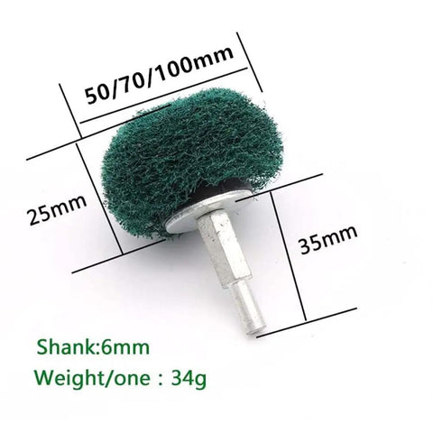 Heavy Duty Green Buffing Wheel 100 Mm Wide With Sturdy 6 Mm Shank For Rotary Grinders And Dremel Kits displayed with dimensions.