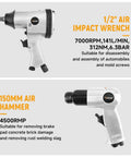 Killer 71 Piece Air Tool Set Featuring Badass 1/2 Inch Single Hammer Impact Wrench And Rapid Fire Air Ratchet Wrench With Tough Blow Molded Case For Serious Workshop Tasks showing 1/2" air impact wrench and 150mm air hammer.