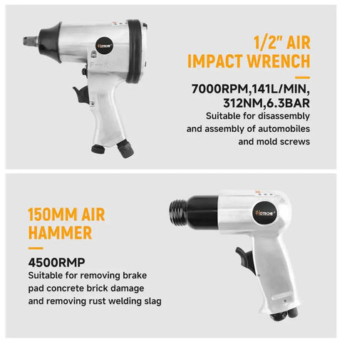 Killer 71 Piece Air Tool Set Featuring Badass 1/2 Inch Single Hammer Impact Wrench And Rapid Fire Air Ratchet Wrench With Tough Blow Molded Case For Serious Workshop Tasks showing 1/2" air impact wrench and 150mm air hammer.