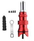 Upgrade Your Tool Kit With This Electric Rivet Adapter For Cordless Drill Turning Any Power Tool Into A Heavy Duty Alloy Steel Riveting Machine With Four Nozzles For Quick Blind Sheet Metal Settings. Red alloy steel rivet adapter kit with 4 nozzles and handle
