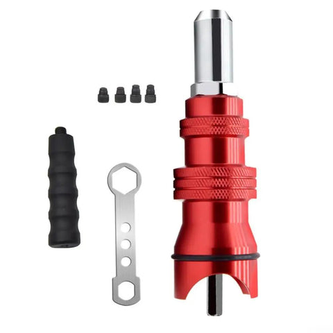 Upgrade Your Tool Kit With This Electric Rivet Adapter For Cordless Drill Turning Any Power Tool Into A Heavy Duty Alloy Steel Riveting Machine With Four Nozzles For Quick Blind Sheet Metal Settings. Red alloy steel rivet adapter kit with 4 nozzles and handle